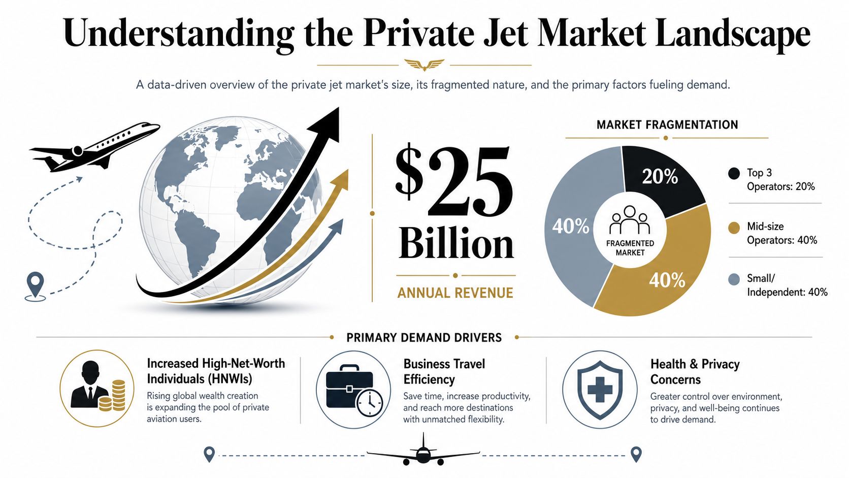 An infographic titled Understanding the Private Jet Market Landscape illustrating industry revenue and primary demand drivers.
