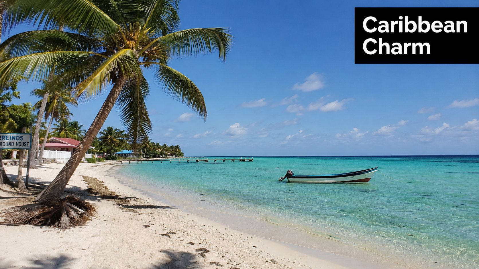 A serene tropical beach in Nicaragua with a small boat, clear turquoise water, and swaying palm trees.