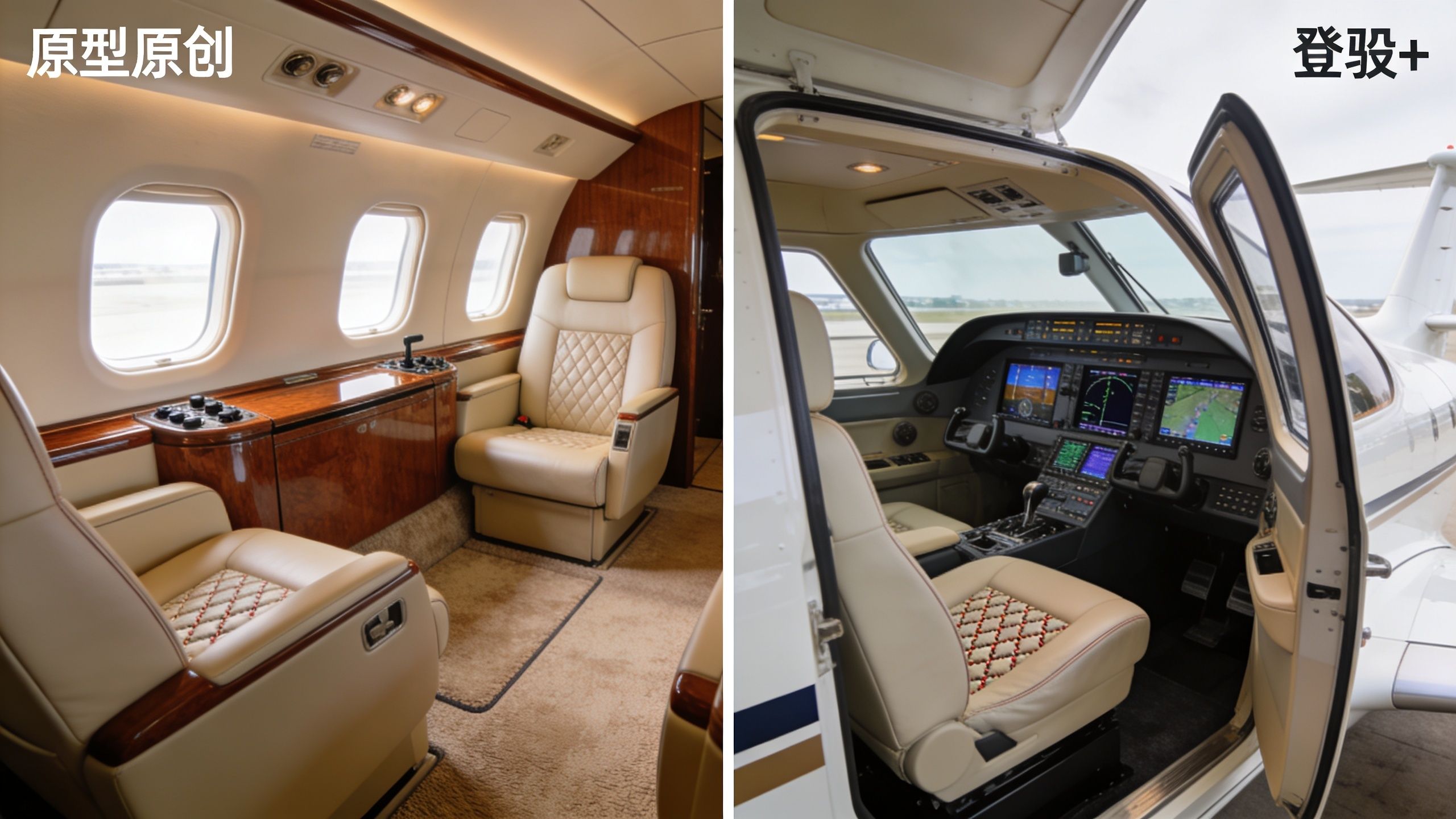 A split image showing the luxurious cream leather cabin seating and the advanced cockpit of a private aircraft.