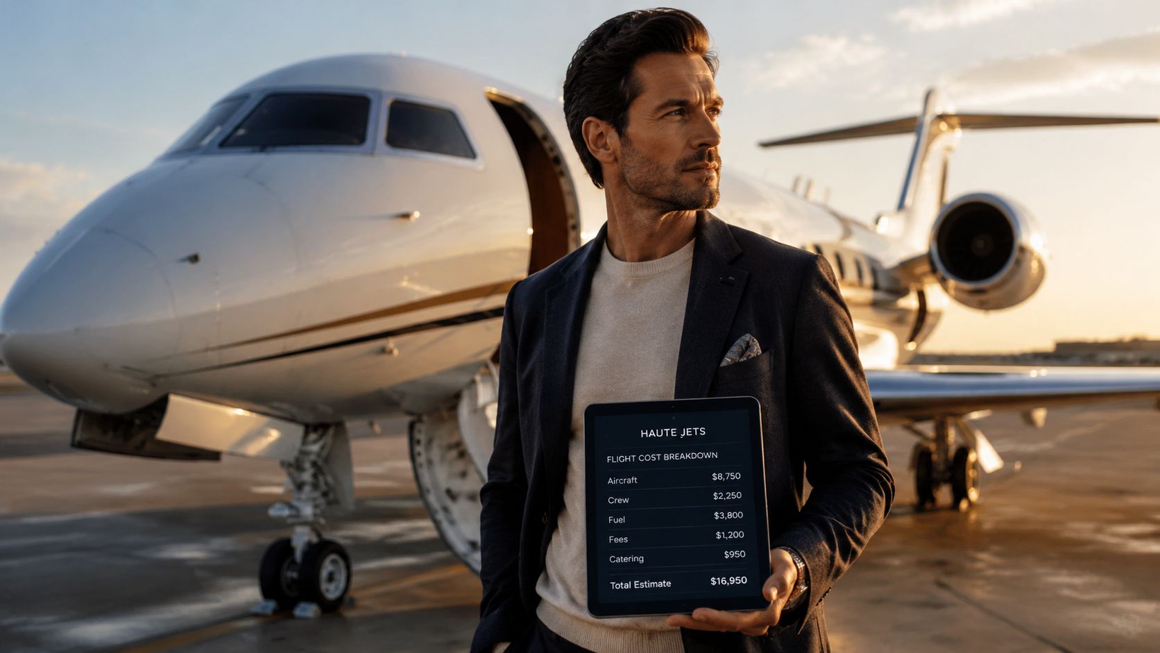 A sophisticated man holding a tablet displaying private jet charter cost breakdown in front of an airplane.