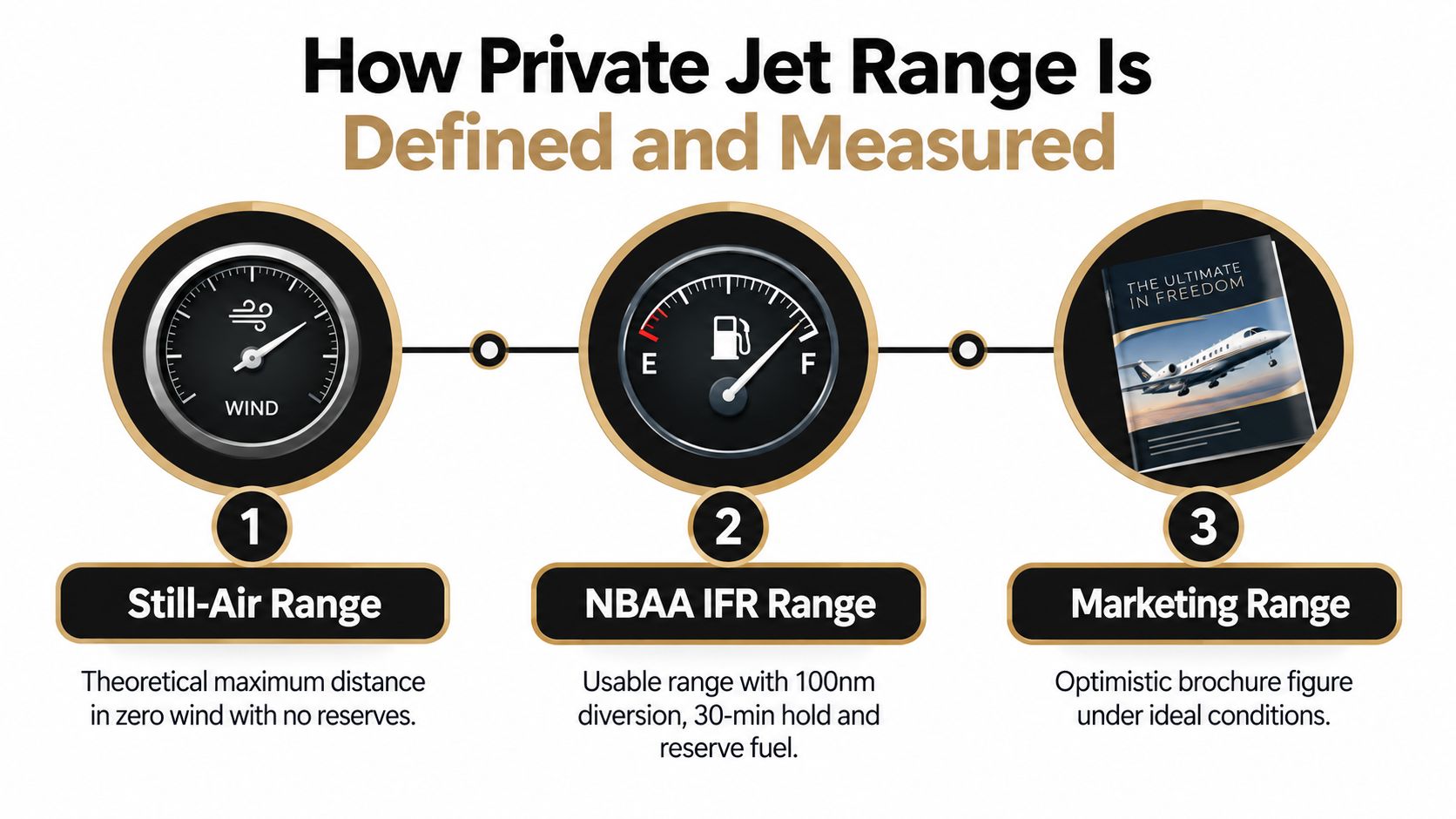 An infographic explaining the three distinct ways private jet range is defined and measured in aviation.