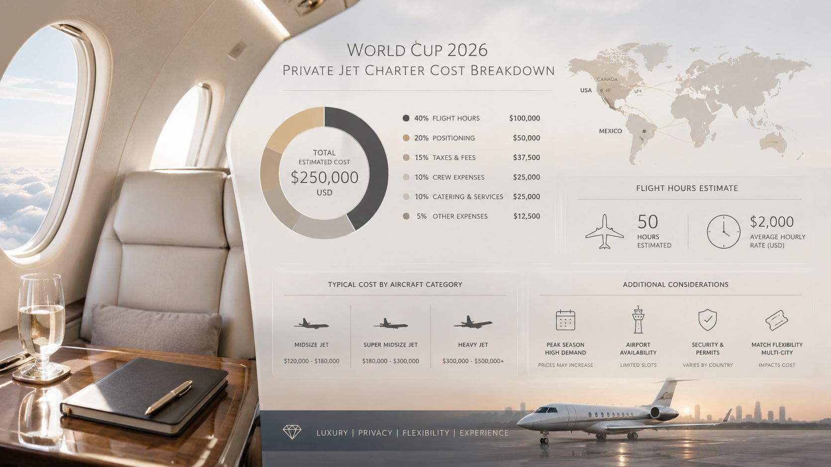 An infographic showing the cost breakdown and considerations for chartering a private jet for the 2026 World Cup.