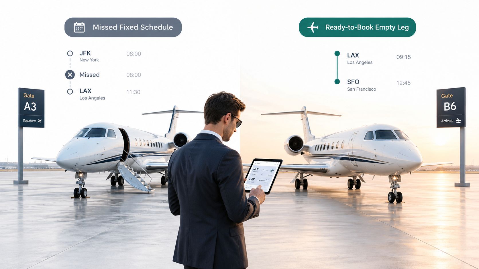 A businessman on an airfield using a tablet to compare a missed flight and an empty leg option.