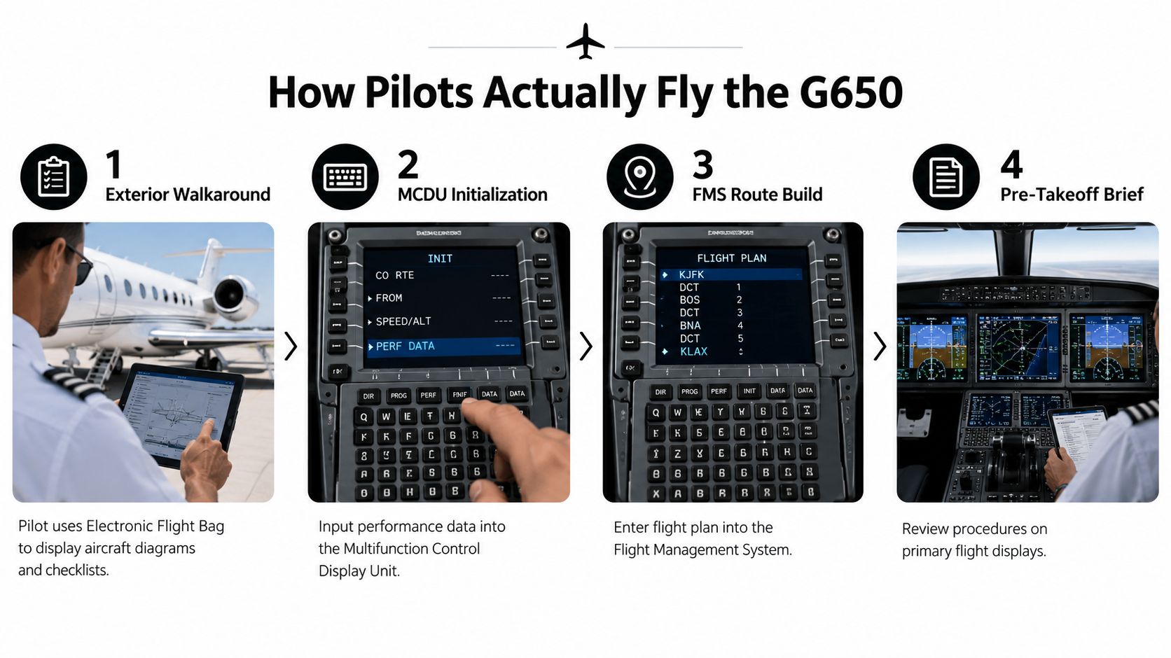 A four-step infographic showing pilots preparing a Gulfstream G650 aircraft through pre-flight procedures and cockpit systems.