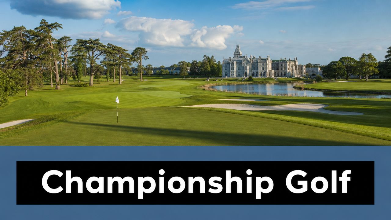 A scenic view of a championship golf course green with a castle and lake in the background.