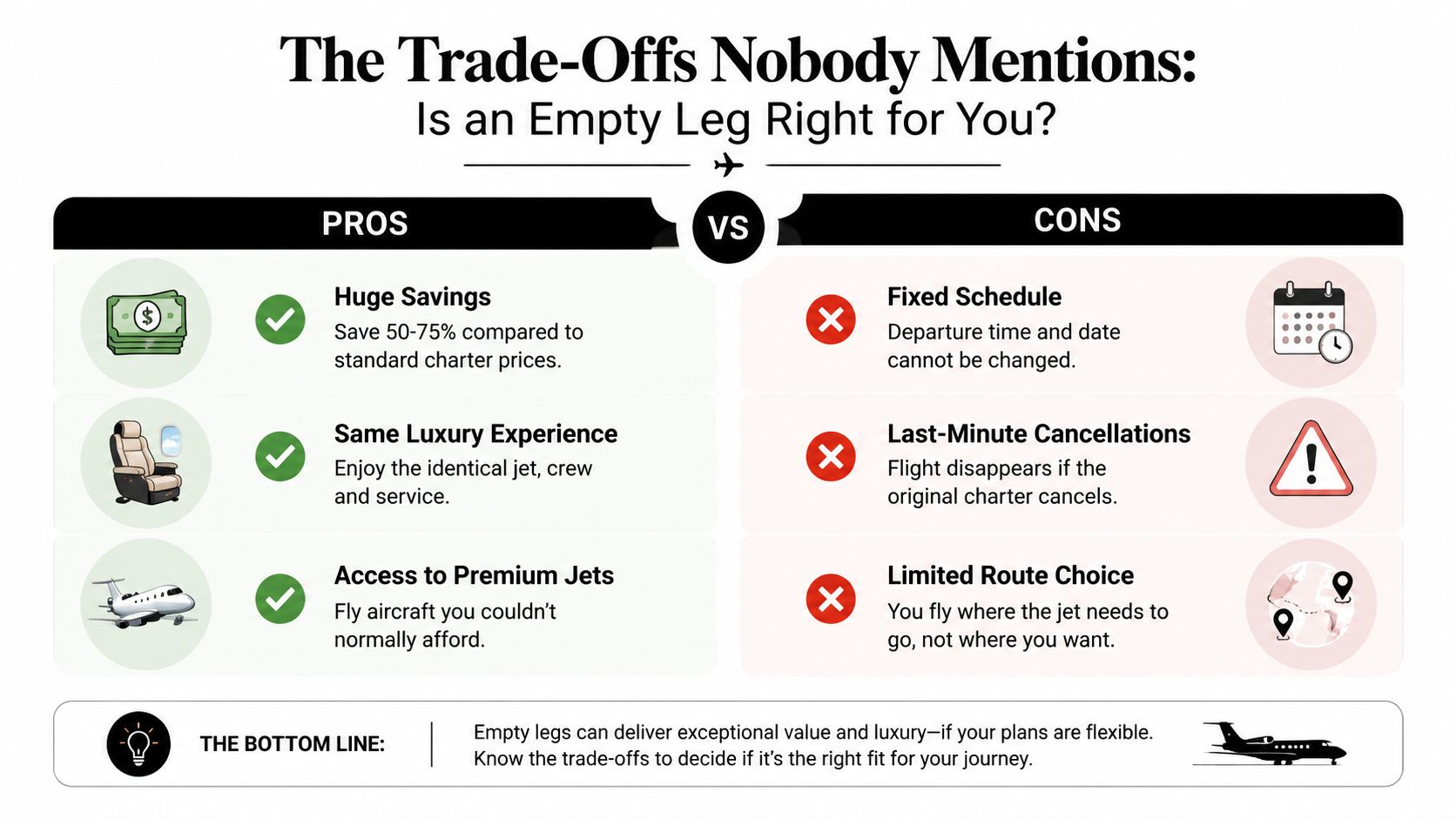 A comparison chart outlining the pros and cons of booking empty leg private jet charter flights.