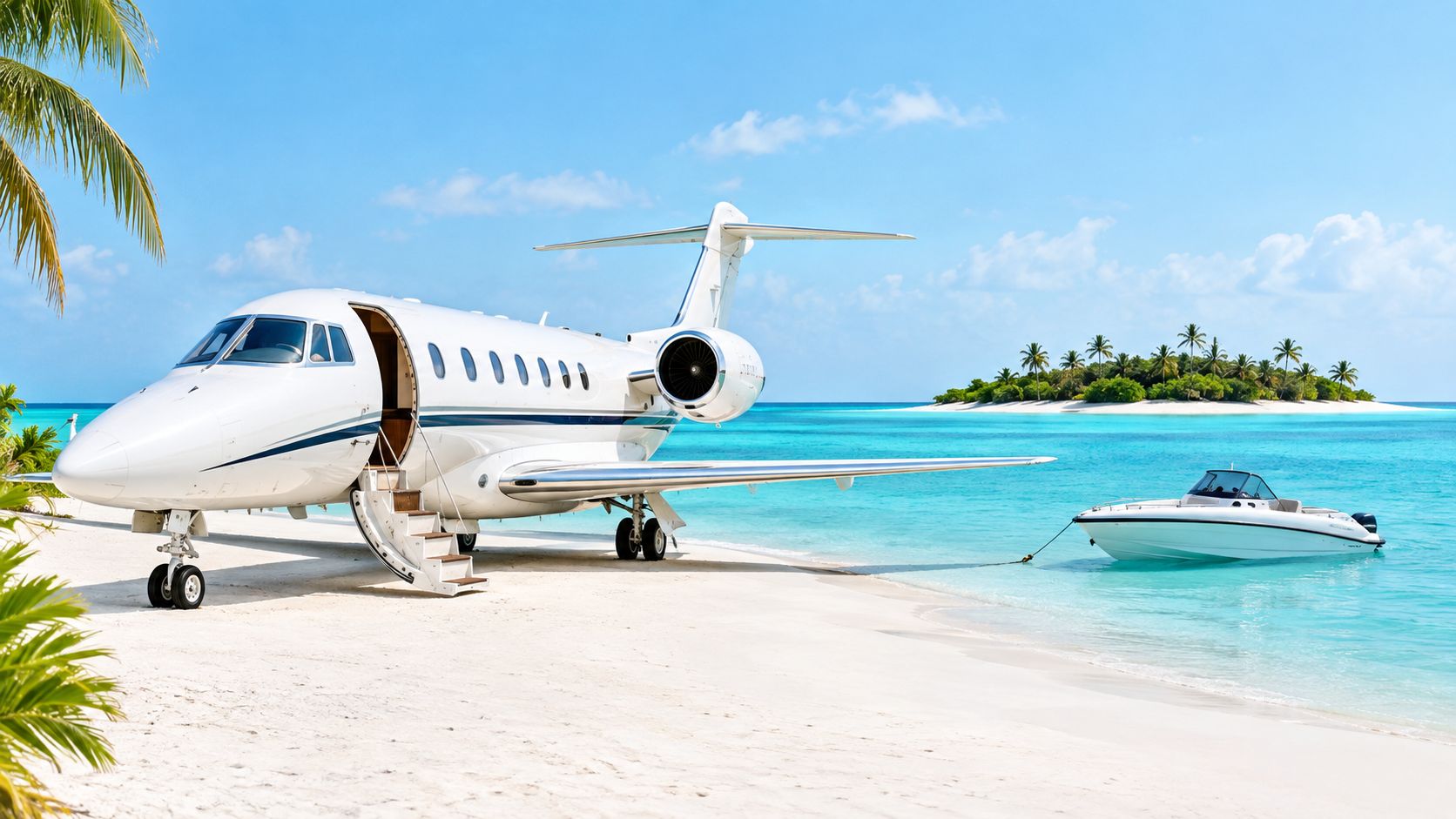 A luxurious private jet parked on a pristine sandy tropical beach with a motorboat nearby in ocean.