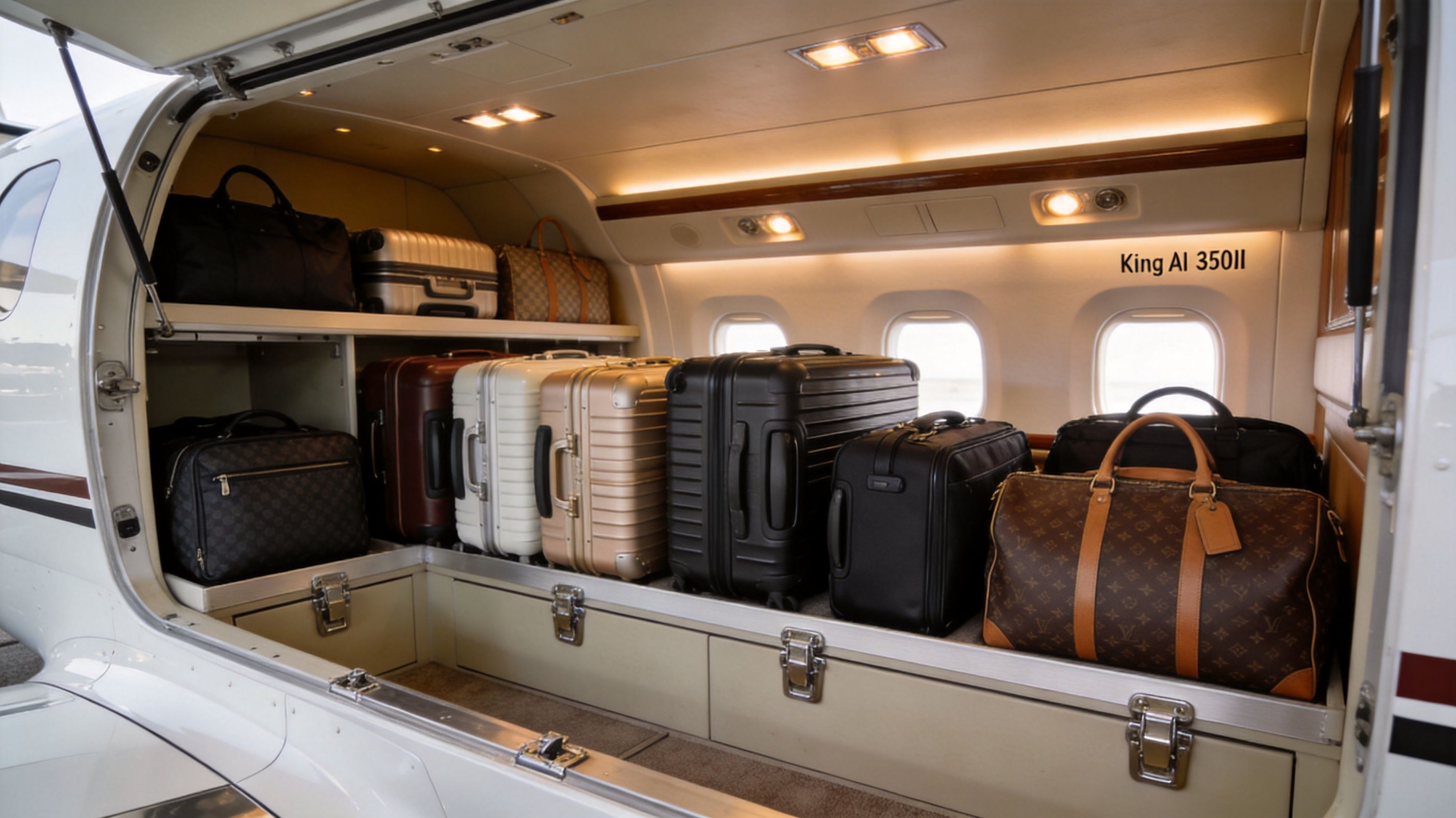 Open luggage compartment of a King Air 350i private aircraft filled with various luxury travel suitcases and bags.