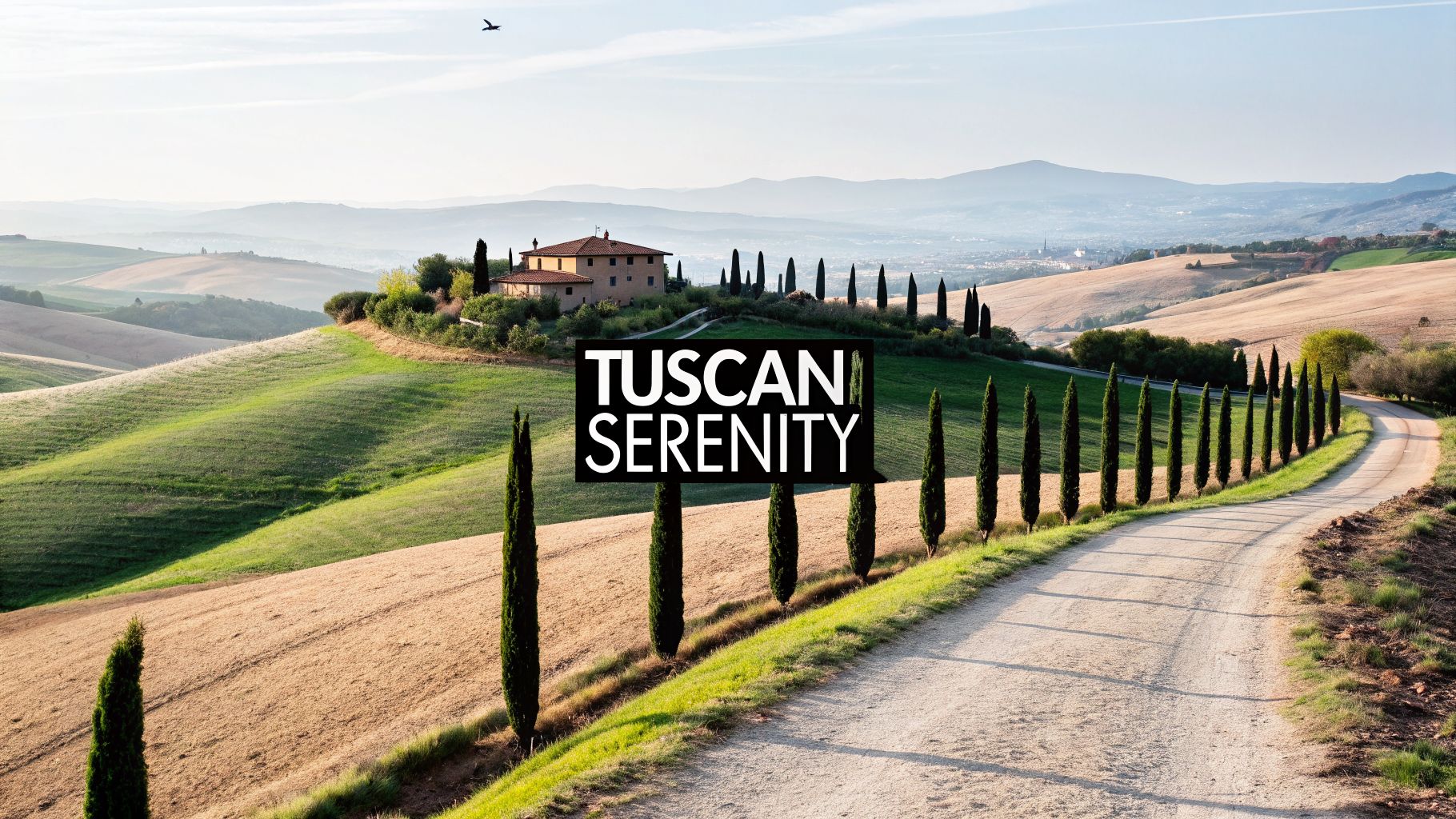 Serene Tuscan landscape with a winding road, cypress trees, and a farmhouse under a clear sky.
