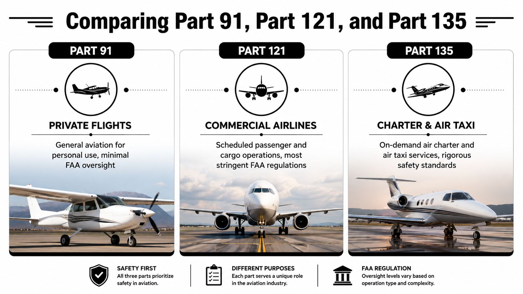 An infographic comparing FAA Part 91, Part 121, and Part 135 aviation regulations for different types of flights.