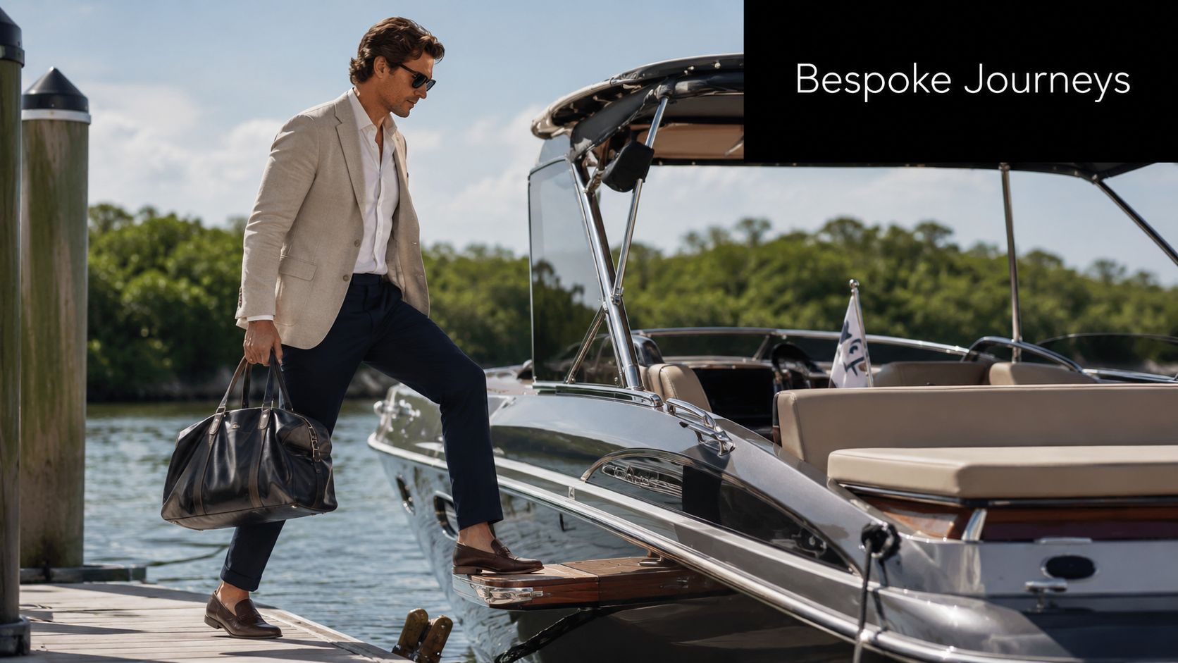 A sophisticated man wearing a blazer and loafers boards a luxury boat at a sunny marina.