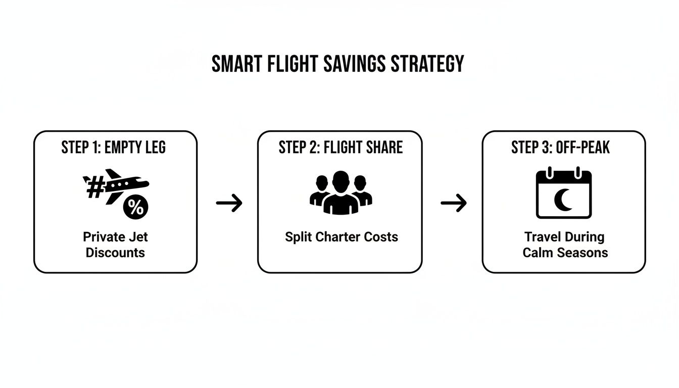 A diagram illustrating a smart flight savings strategy with three steps: empty leg discounts, flight sharing, and off-peak travel.