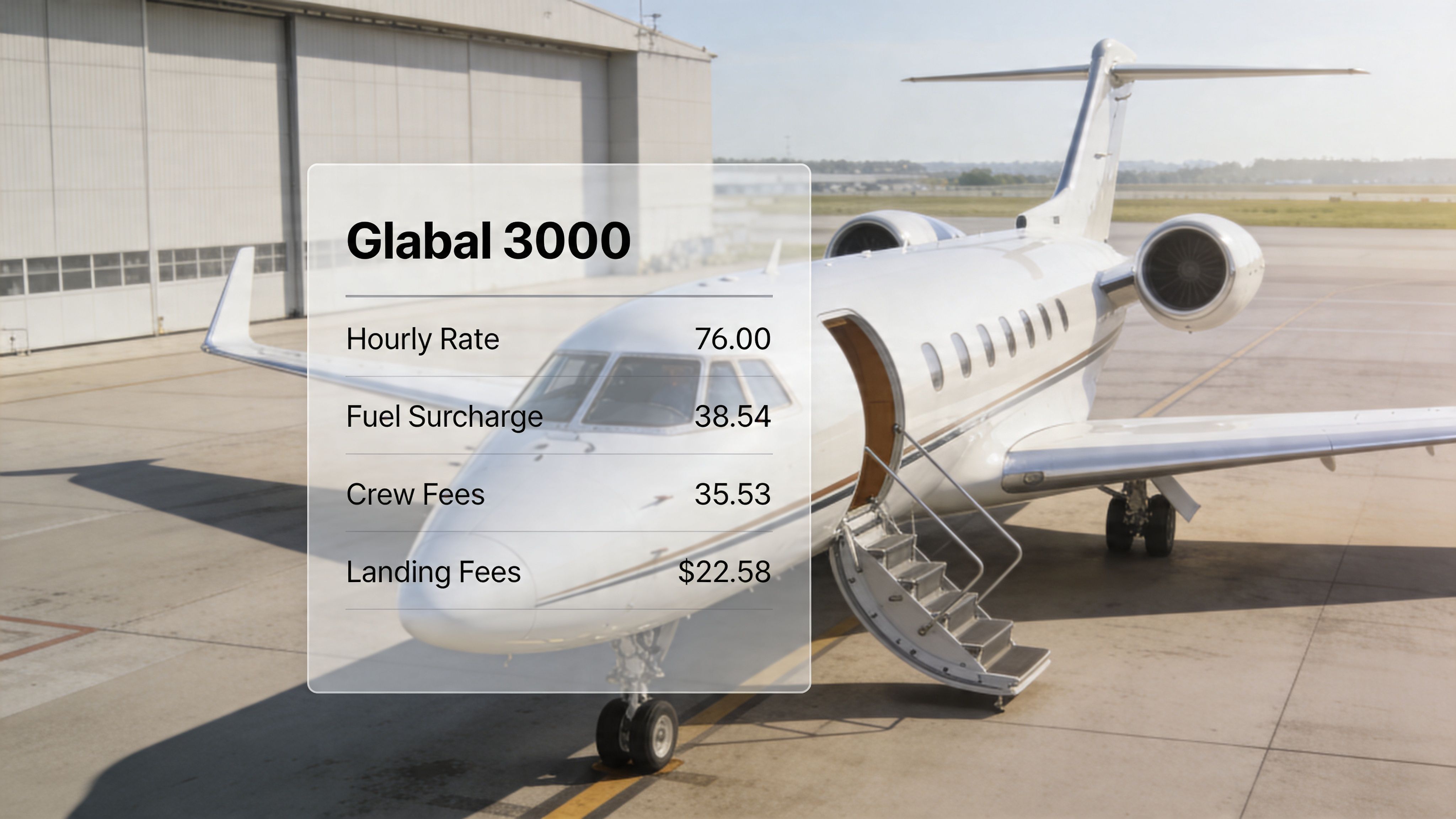 A luxurious white private jet parked on an airport tarmac with a transparent pricing overlay display.