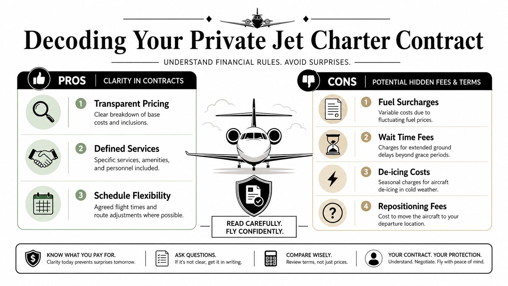 An infographic detailing the pros and cons of private jet charter contracts for informed travel decisions.