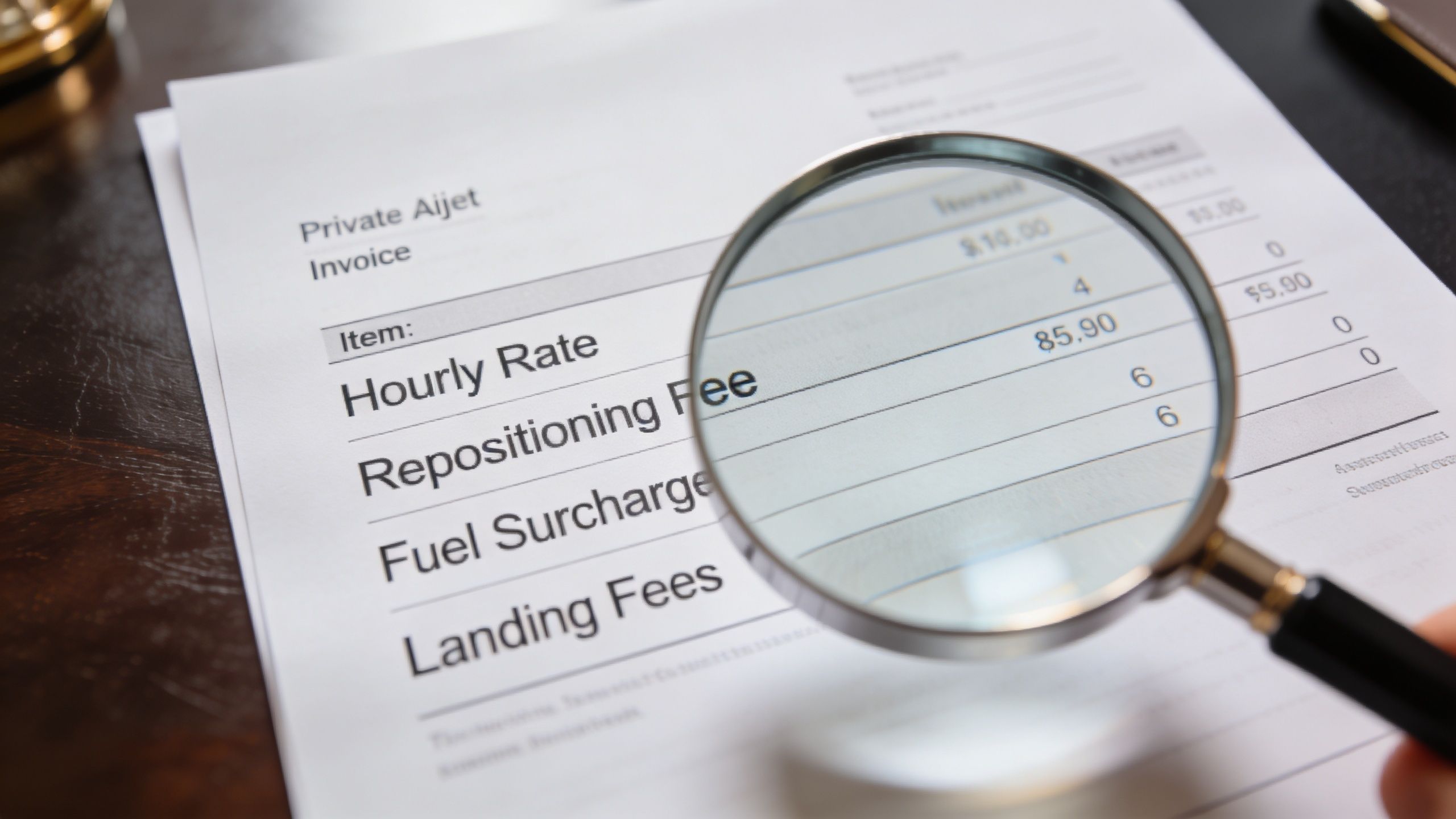A magnifying glass held over a private jet invoice listing hourly rates and various service fees.