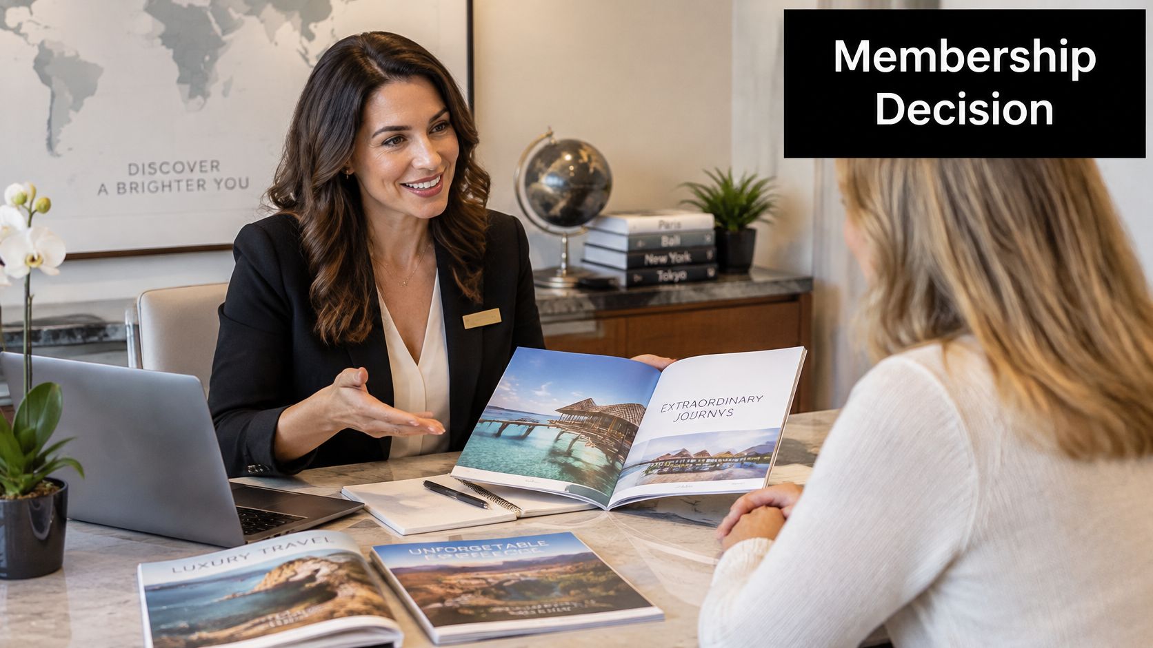 A professional travel advisor explaining luxury vacation packages to a client in an upscale office setting.