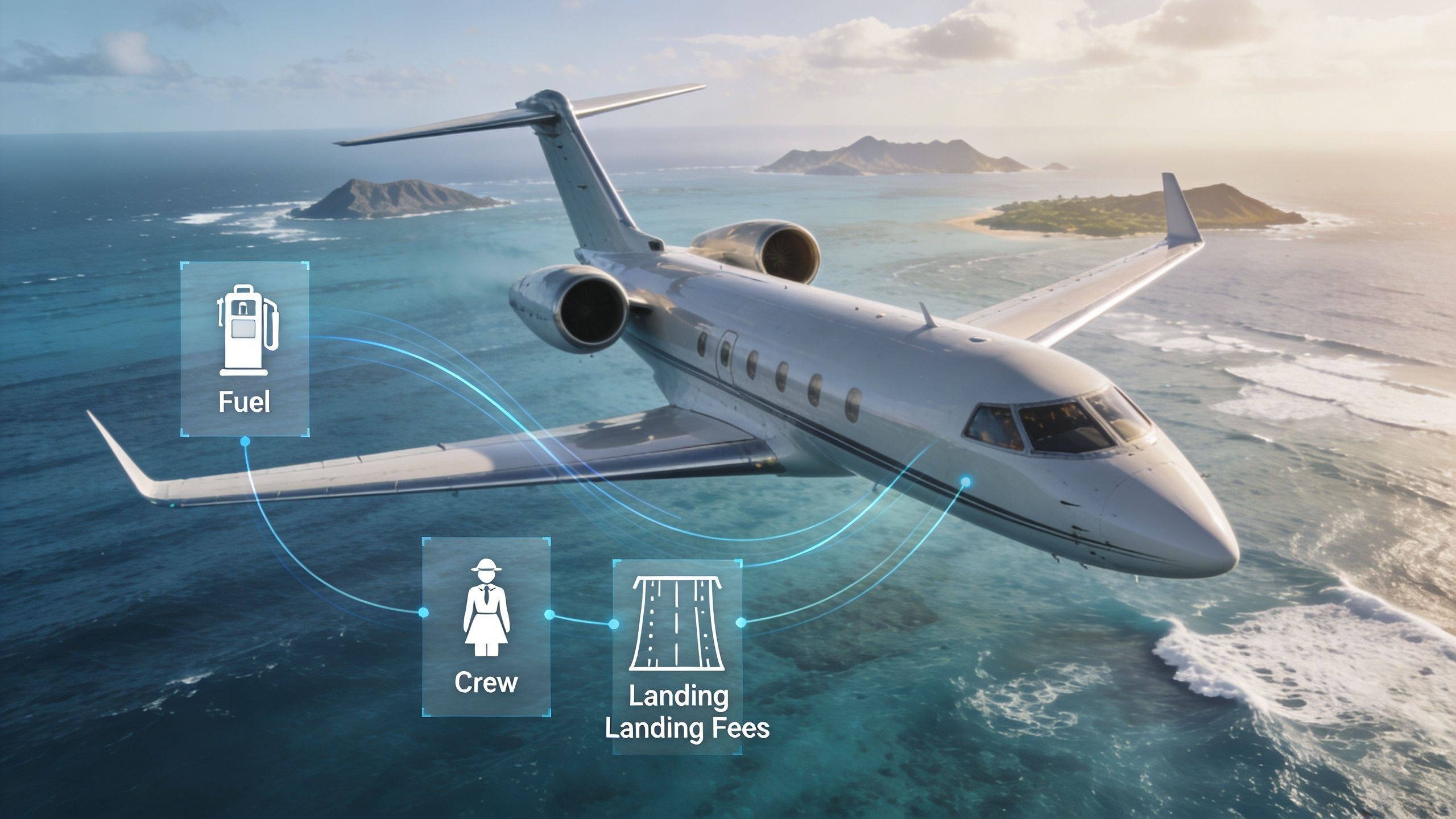 A luxurious private jet flying over tropical islands, highlighting operational costs like fuel, crew, and landing fees.