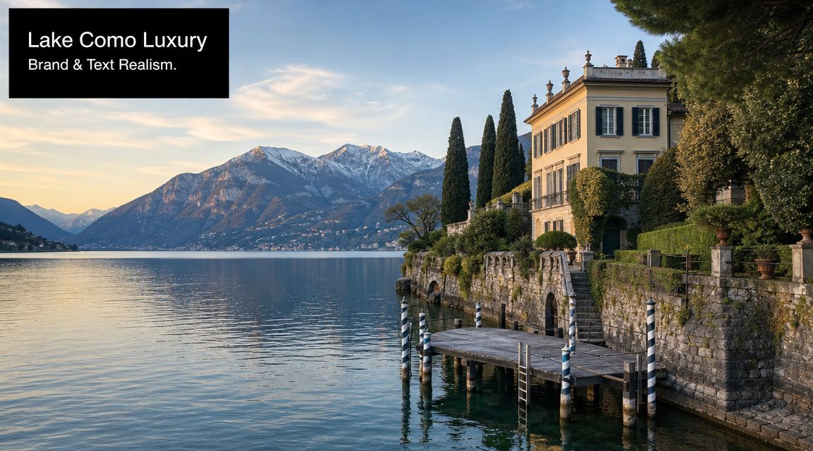 A luxurious villa by Lake Como in Italy with snow-capped mountains in the background at sunset.