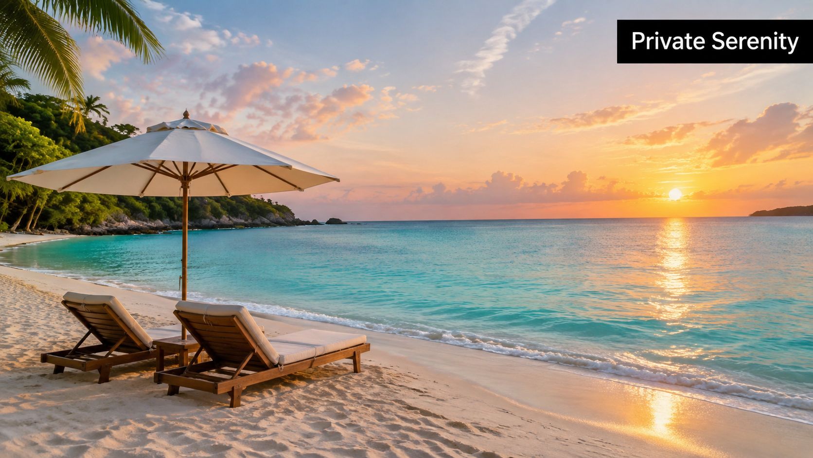 Two lounge chairs under a white umbrella on a sandy beach during a beautiful golden sunset.