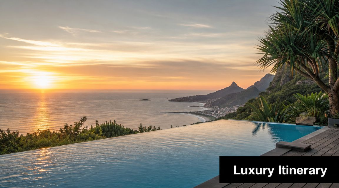 A breathtaking infinity pool overlooking the coastal mountains and sunset in Rio de Janeiro, Brazil.