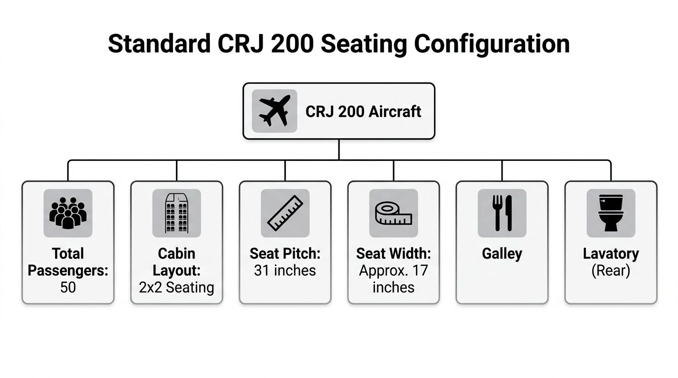 A diagram outlining the standard seat configuration and specifications for a CRJ 200 passenger aircraft.