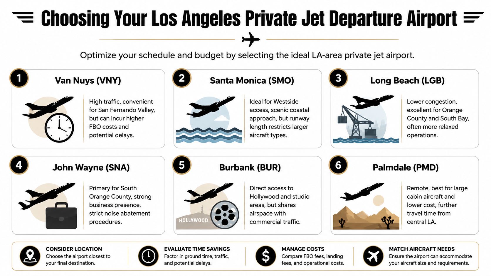 A guide illustrating six private jet airports in Los Angeles with their pros and cons for travelers.