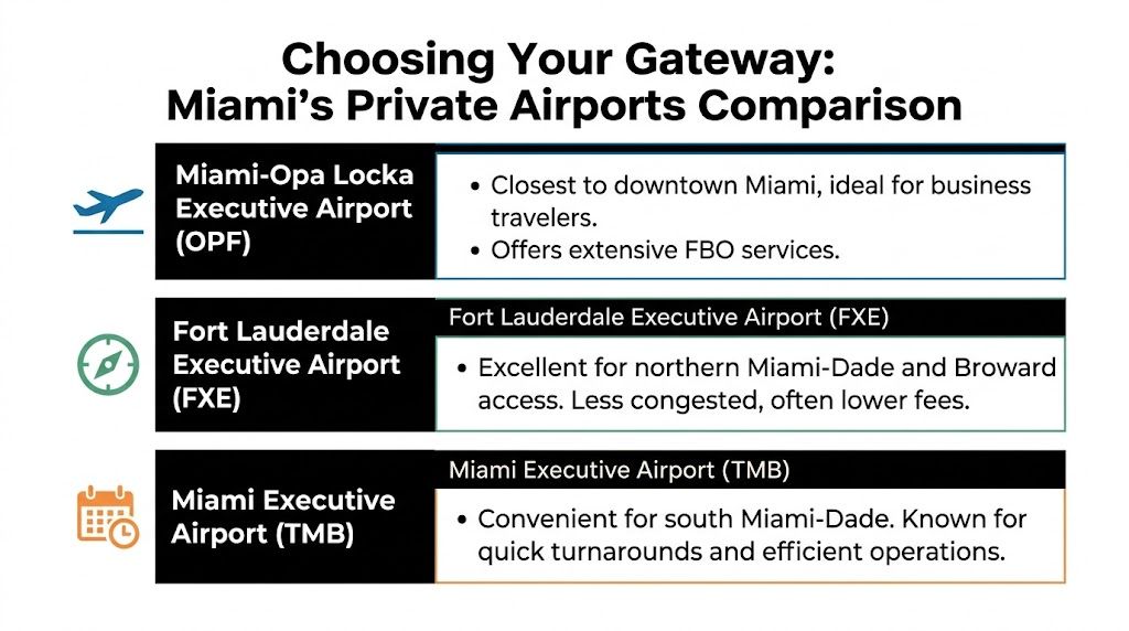 A comparison chart of three private airports in Miami showing their locations and primary traveler benefits.