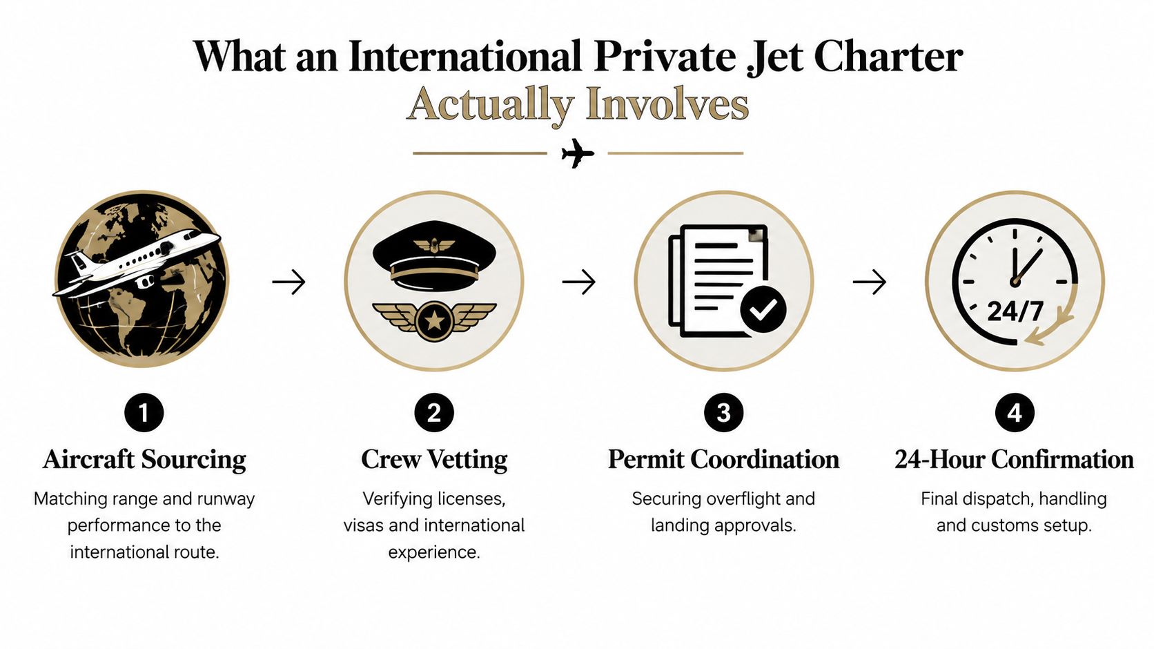 A four-step infographic illustrating the international private jet charter process, including sourcing, vetting, permits, and confirmation.