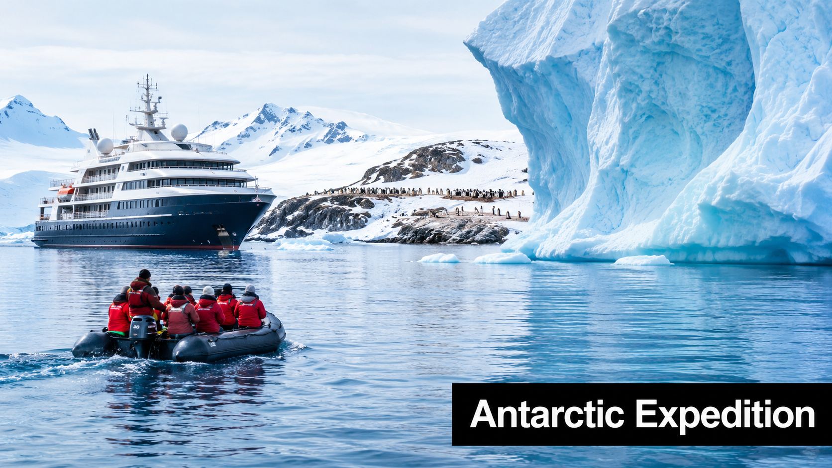 A group of travelers in a black zodiac boat approaching a large cruise ship in Antarctica.