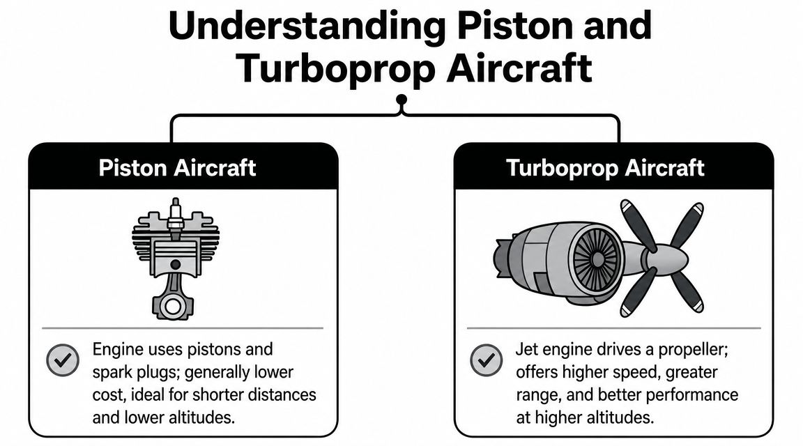 A comparison chart outlining the key differences between piston and turboprop aircraft engines for aviation.
