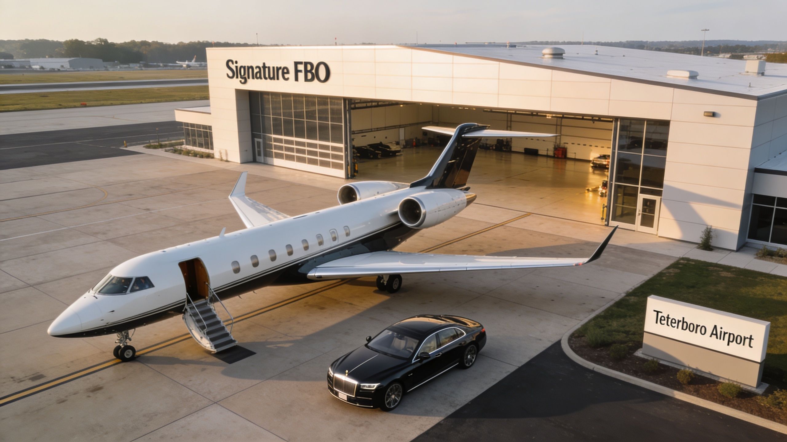 A luxurious private jet and a Rolls-Royce parked at the Signature FBO hangar at Teterboro Airport.