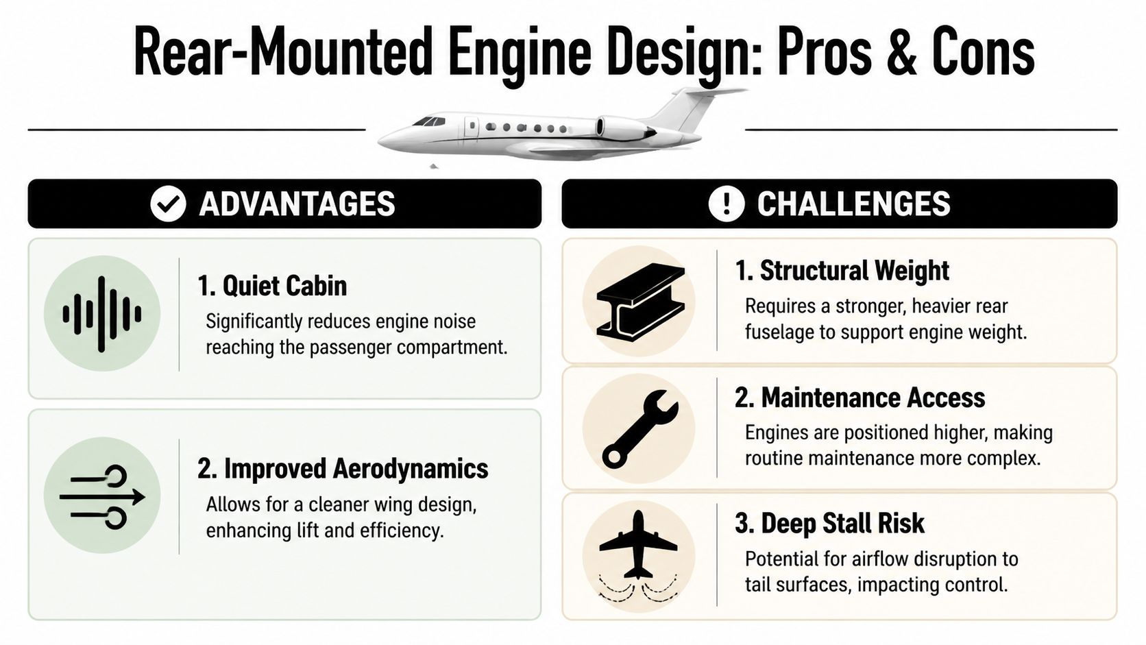 An infographic illustrating the advantages and challenges of designing aircraft with rear-mounted jet engines.