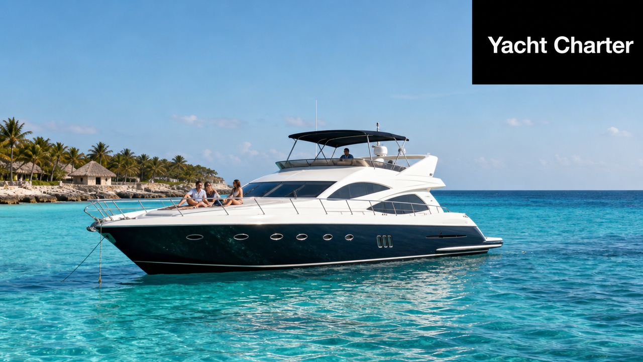 A luxurious private yacht anchored in the bright turquoise waters off the coast of the Yucatan Peninsula.
