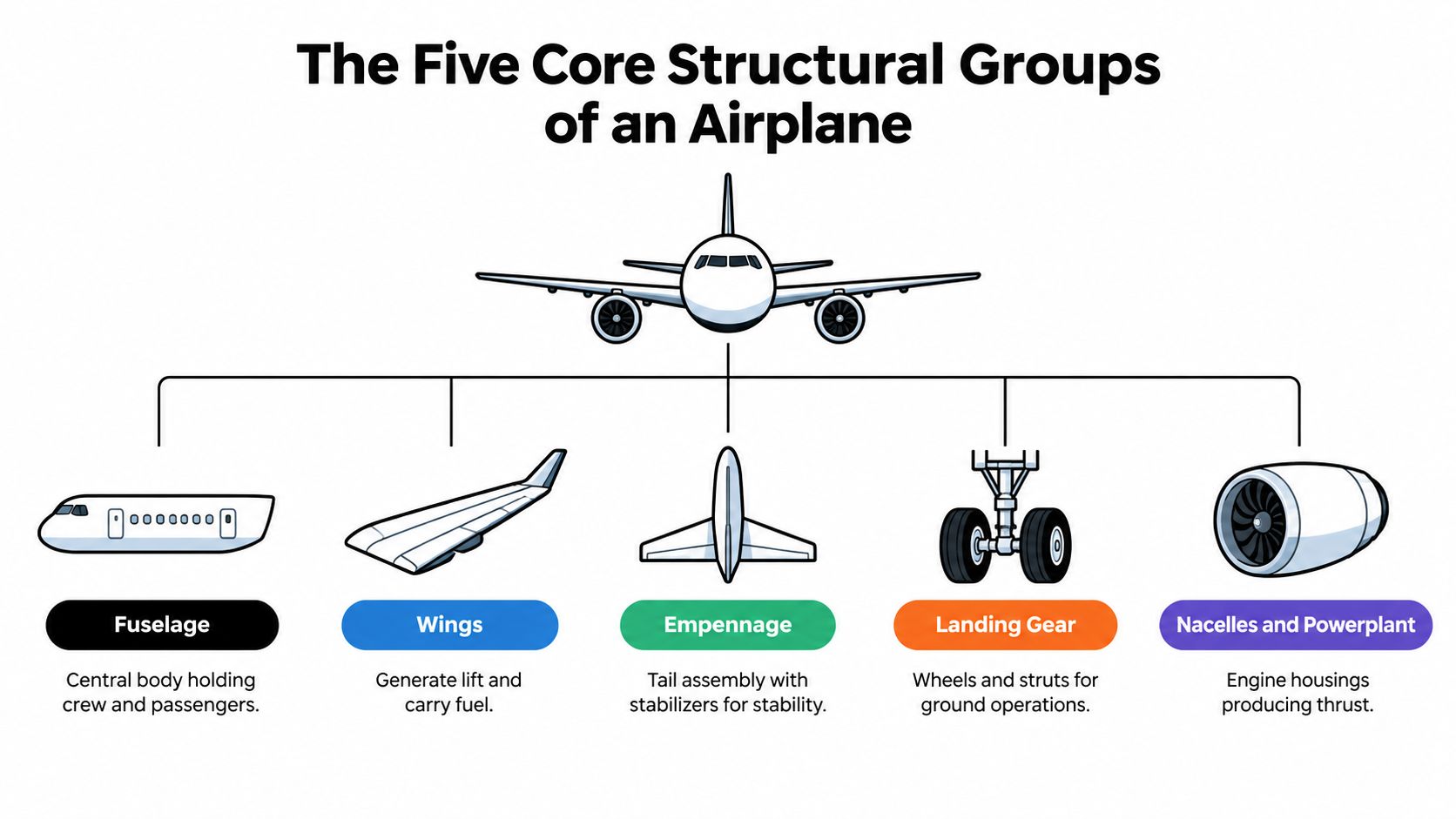 A diagram illustrating the five core structural groups of an airplane including fuselage, wings, empennage, landing gear, and powerplants.