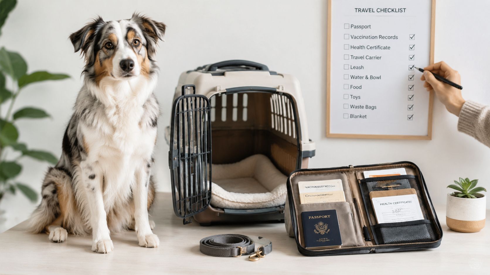 An Australian Shepherd sits next to a travel crate and a travel document organizer on a table.