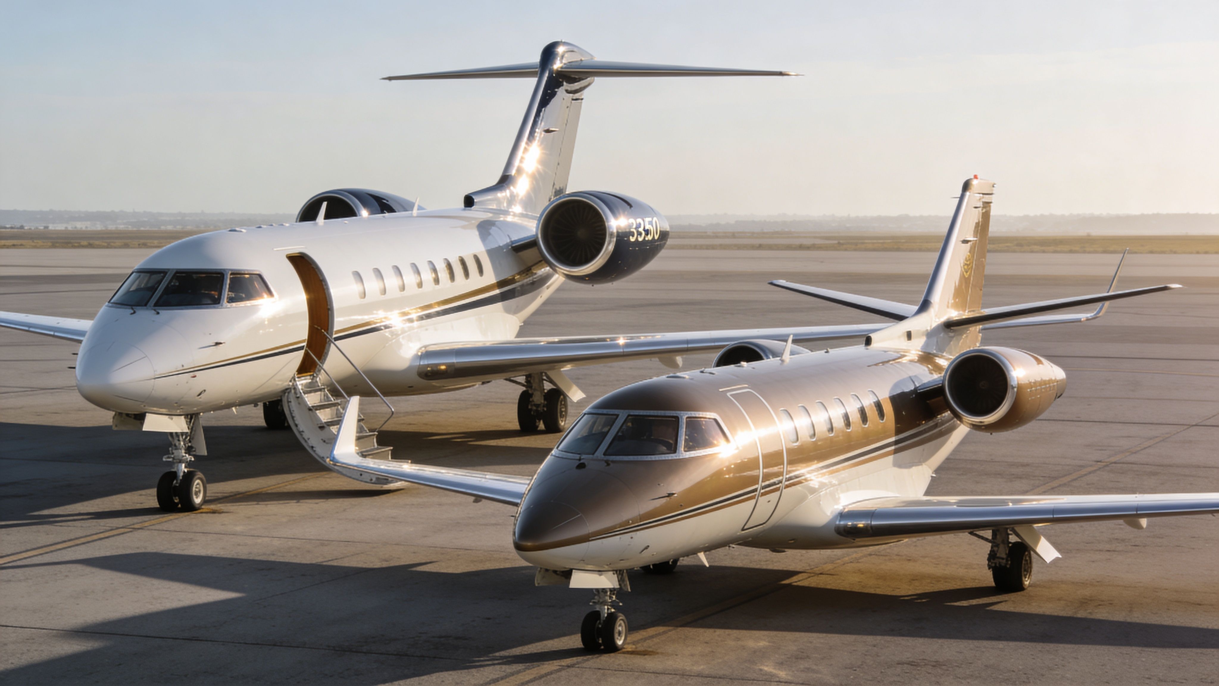 Two luxury private business jets parked on an airport tarmac bathed in warm sunset lighting.