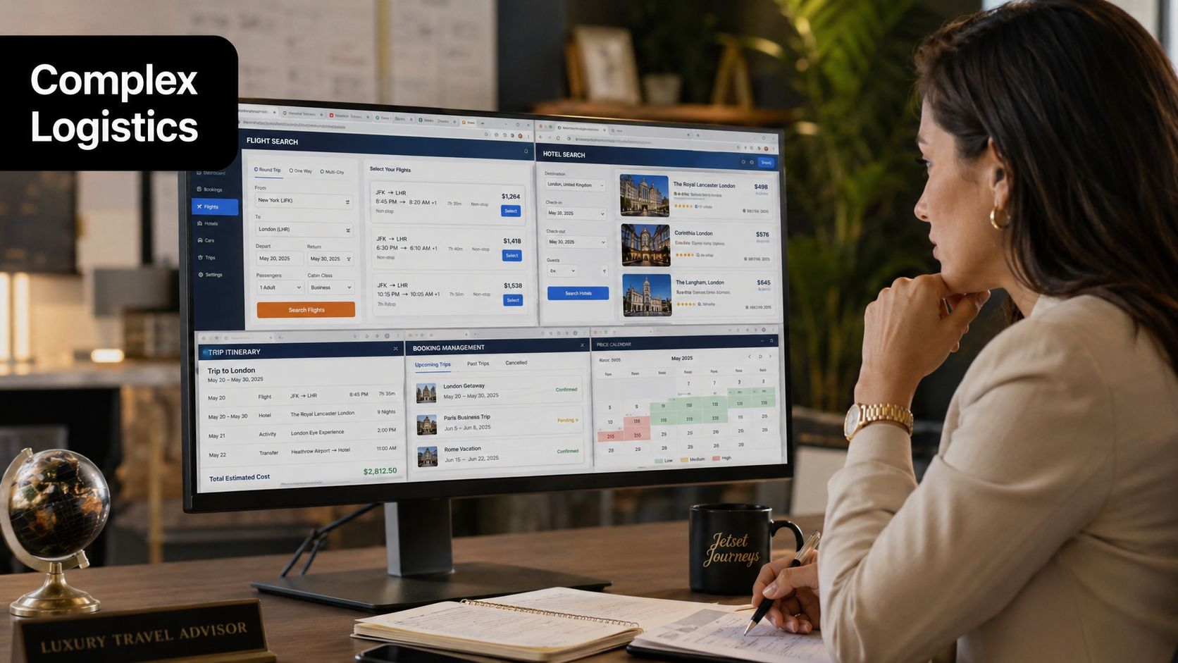 A professional travel advisor analyzing flight, hotel, and itinerary details on a computer screen for trip planning.