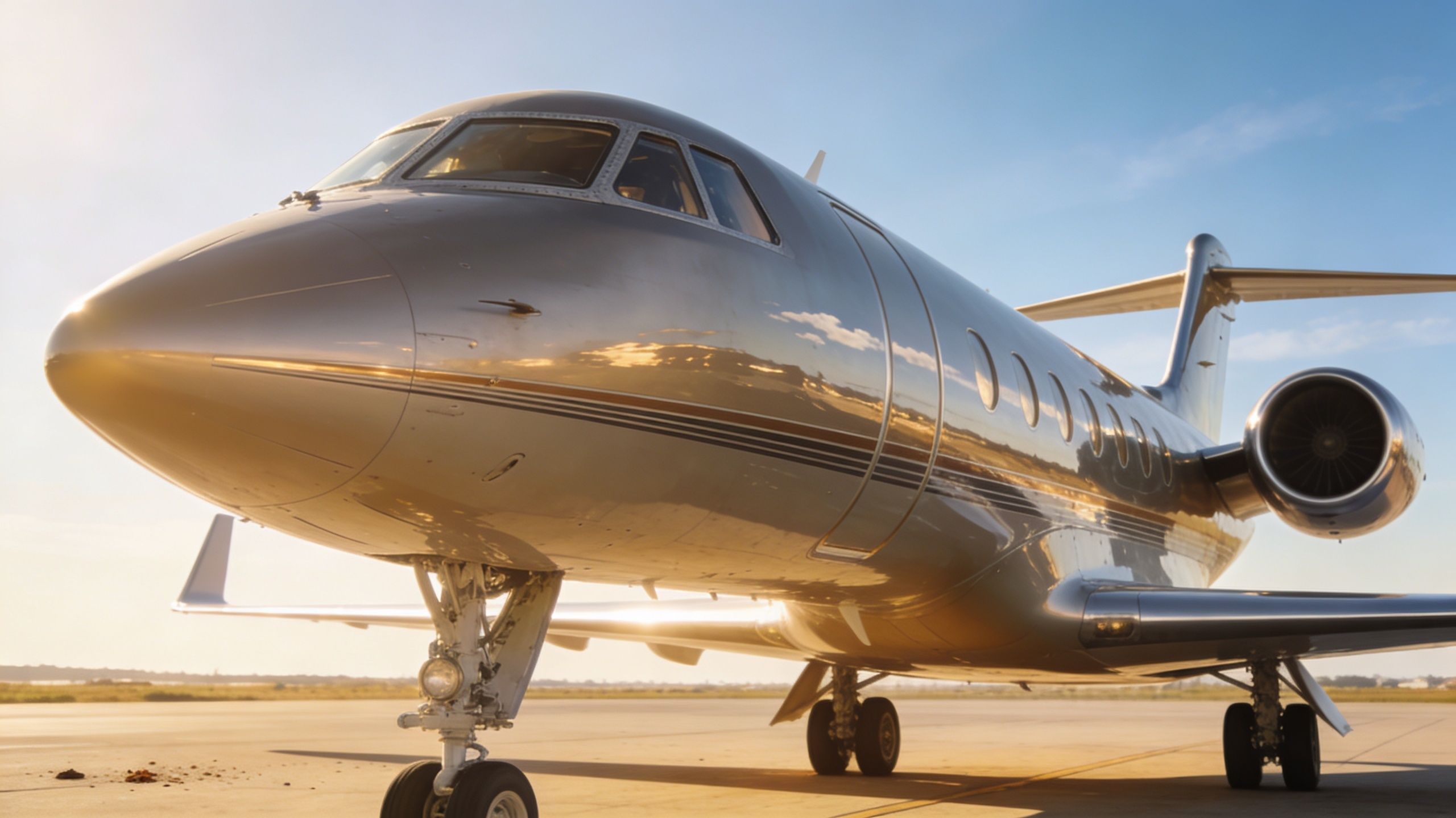 A sleek silver private business jet parked on an airport tarmac during a golden sunset.