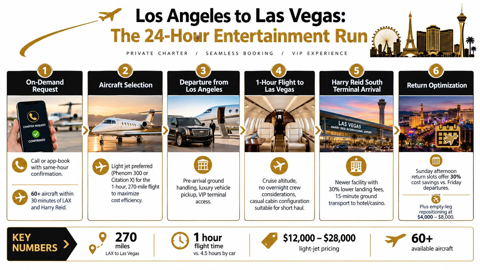 An infographic detailing a six-step process for a private jet charter from Los Angeles to Las Vegas.