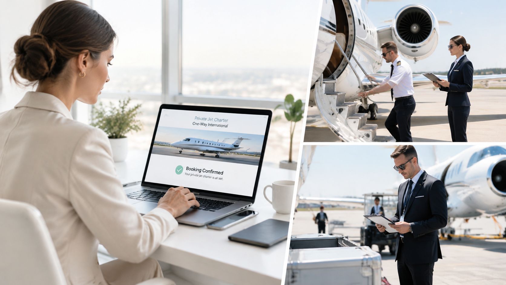 A professional woman booking a private international jet charter on her laptop while staff coordinate flight preparations.