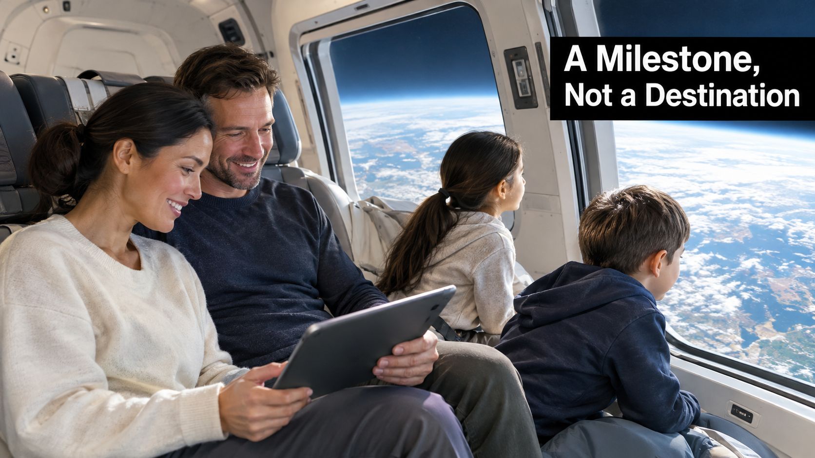 A family traveling together on a space flight, looking out the window at the Earth below.