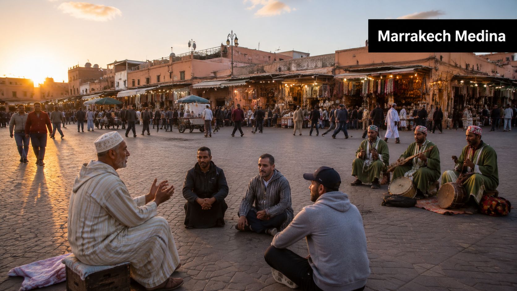 A group of people sitting and talking in the historic Jemaa el-Fnaa square in Marrakech, Morocco.