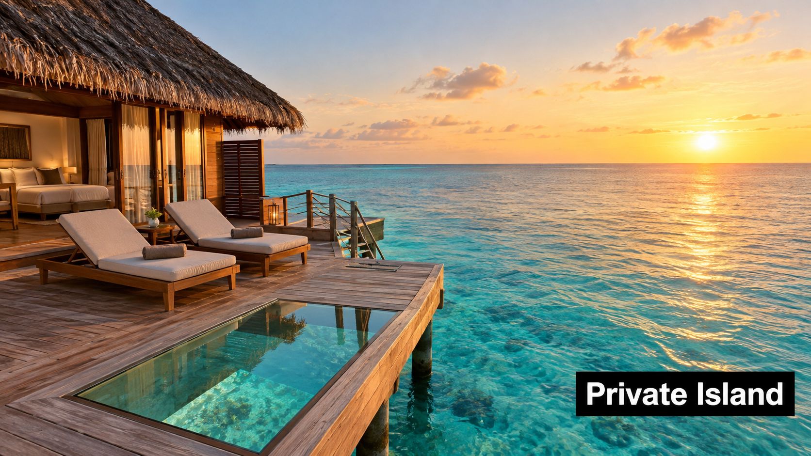 A luxurious overwater bungalow villa featuring a private deck and glass floor overlooking the turquoise Maldivian ocean.