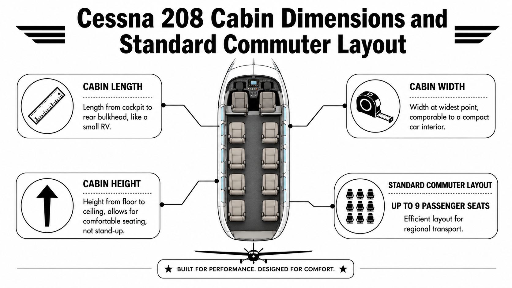 A diagram illustrating the cabin dimensions and standard nine passenger seat layout of a Cessna 208 aircraft.