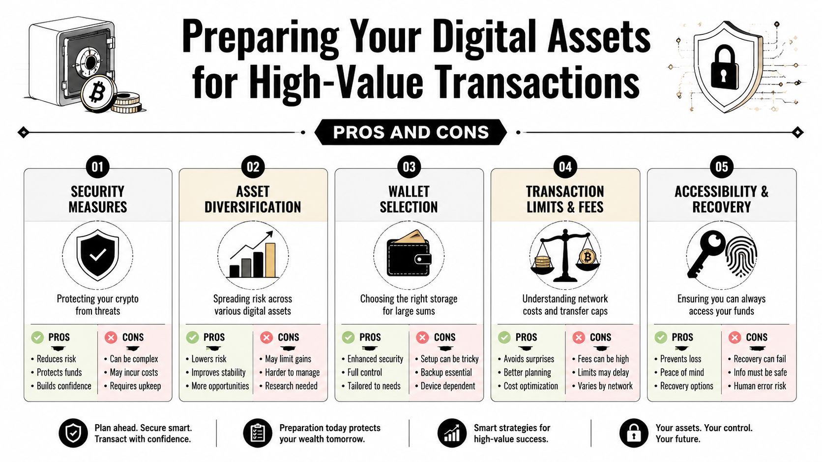 An infographic titled Preparing Your Digital Assets for High-Value Transactions detailing security, diversification, wallet selection, transaction limits, and recovery.