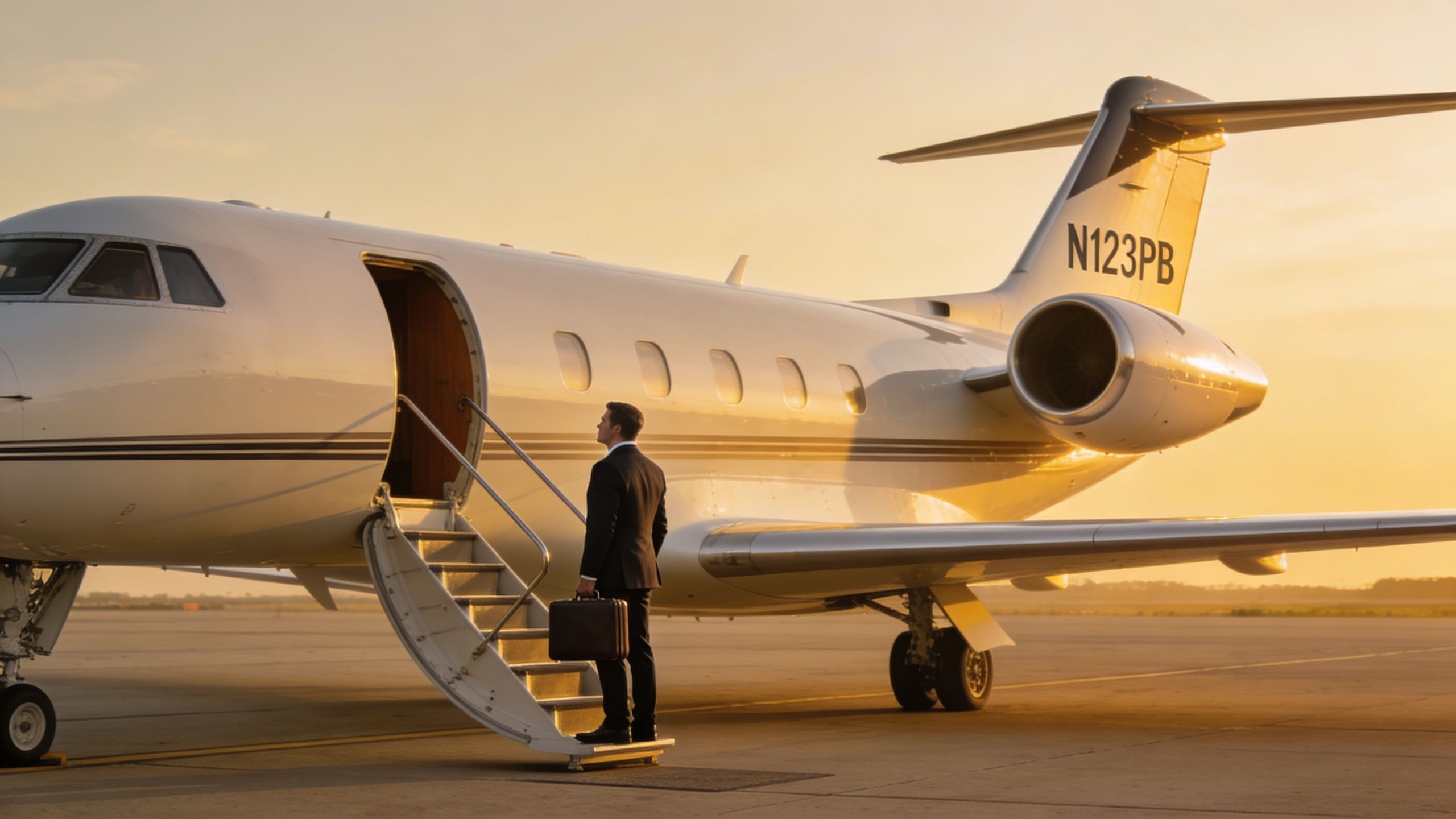 A professional businessman in a suit boards a private jet during a sunset at an airport.