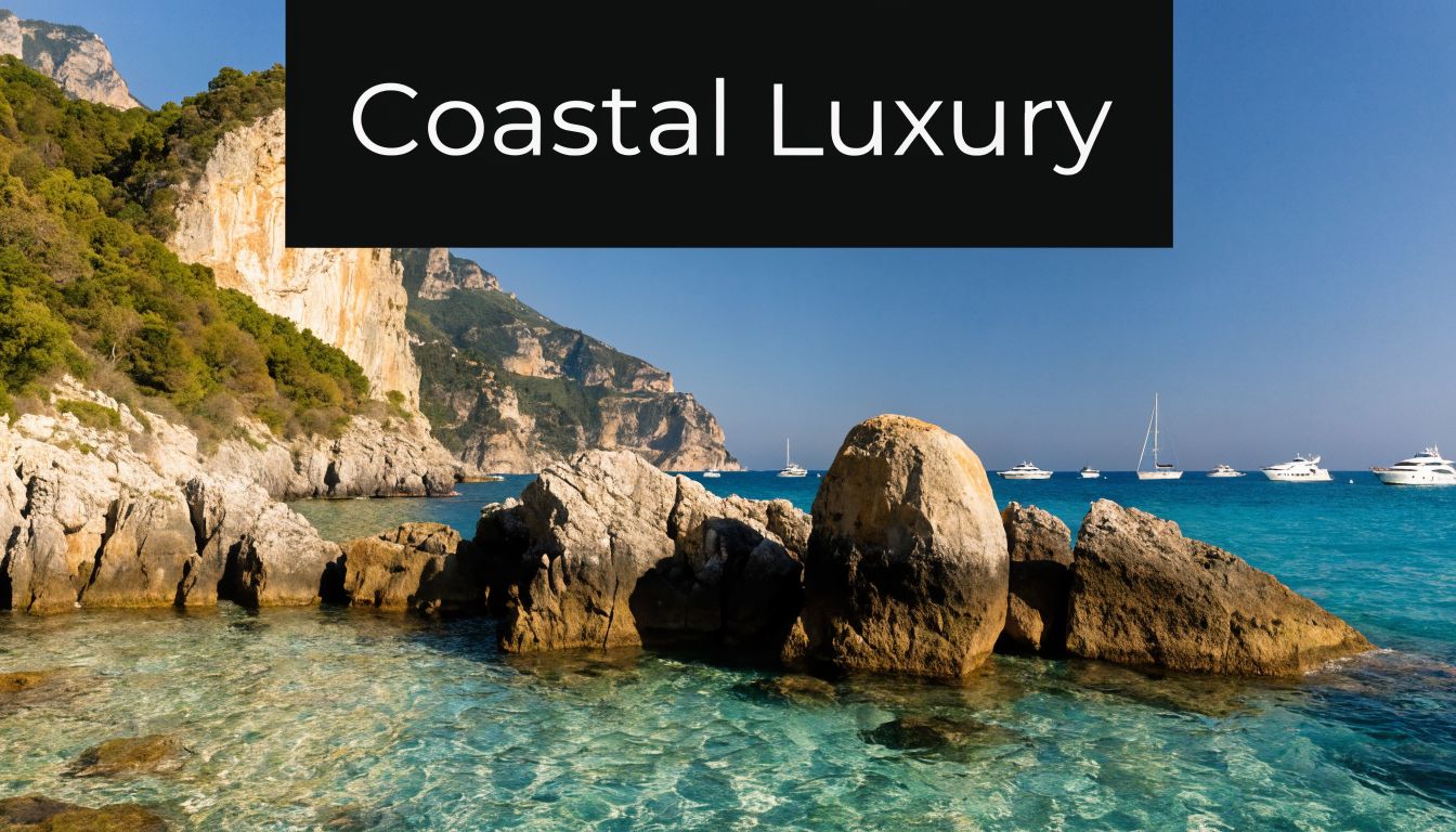A scenic turquoise bay in Sardinia with dramatic cliffs, rocky shores, and several luxury yachts floating offshore.