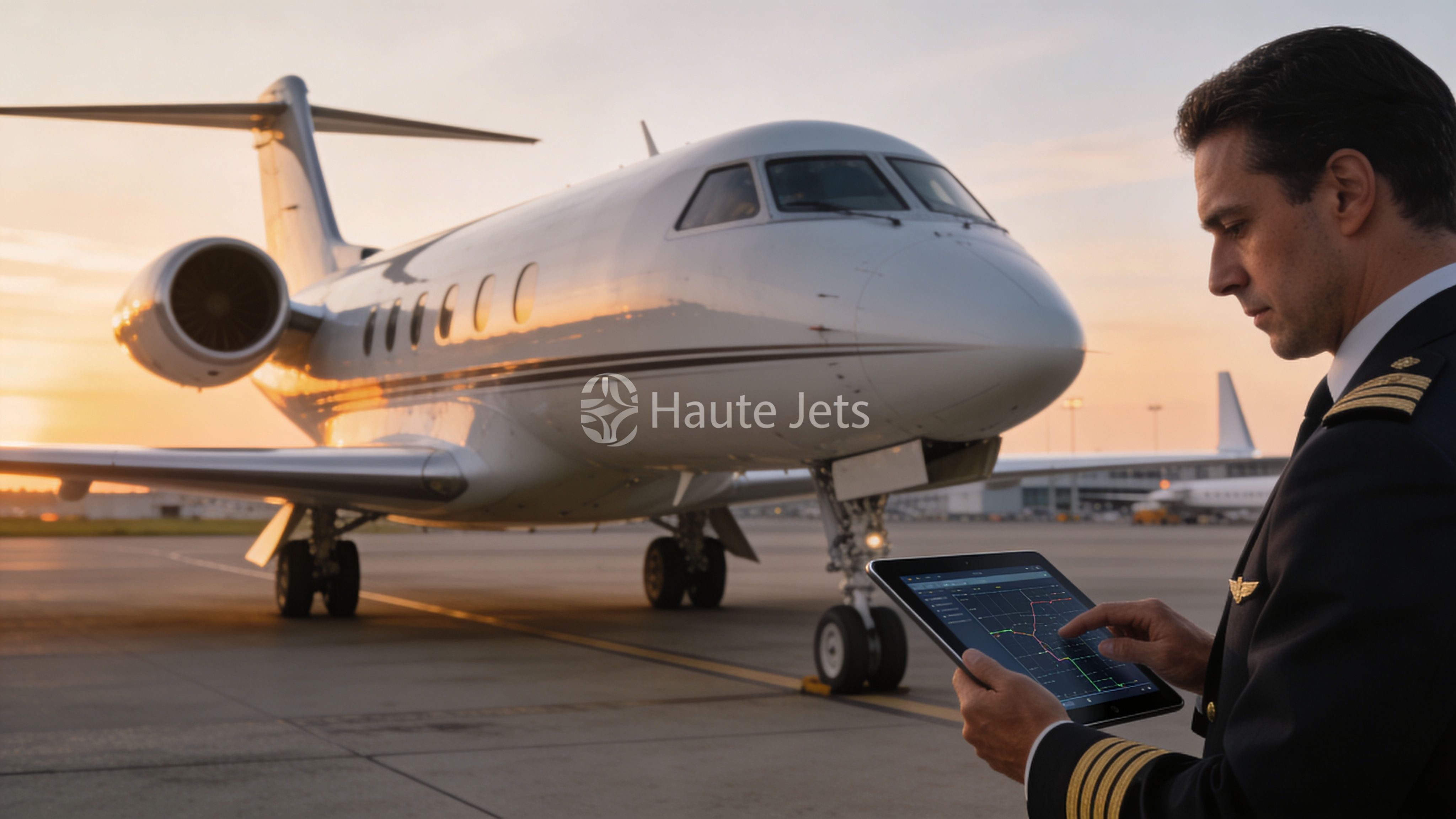 A professional pilot reviewing a VFR flight plan on a digital tablet in front of a private jet.