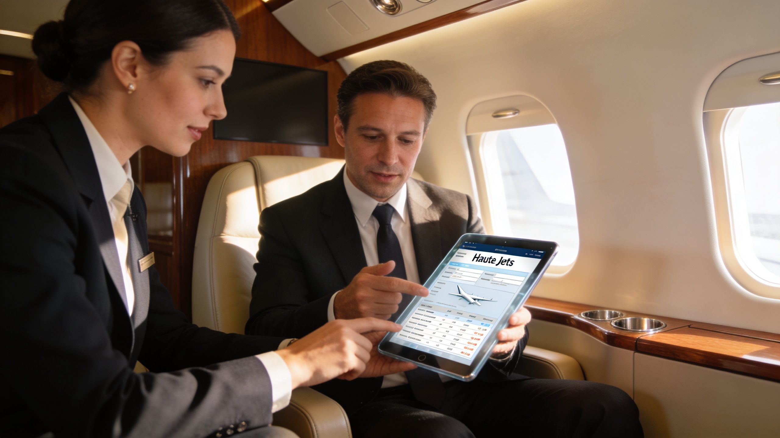 A professional man and woman discussing flight arrangements on a tablet inside a luxury private jet.