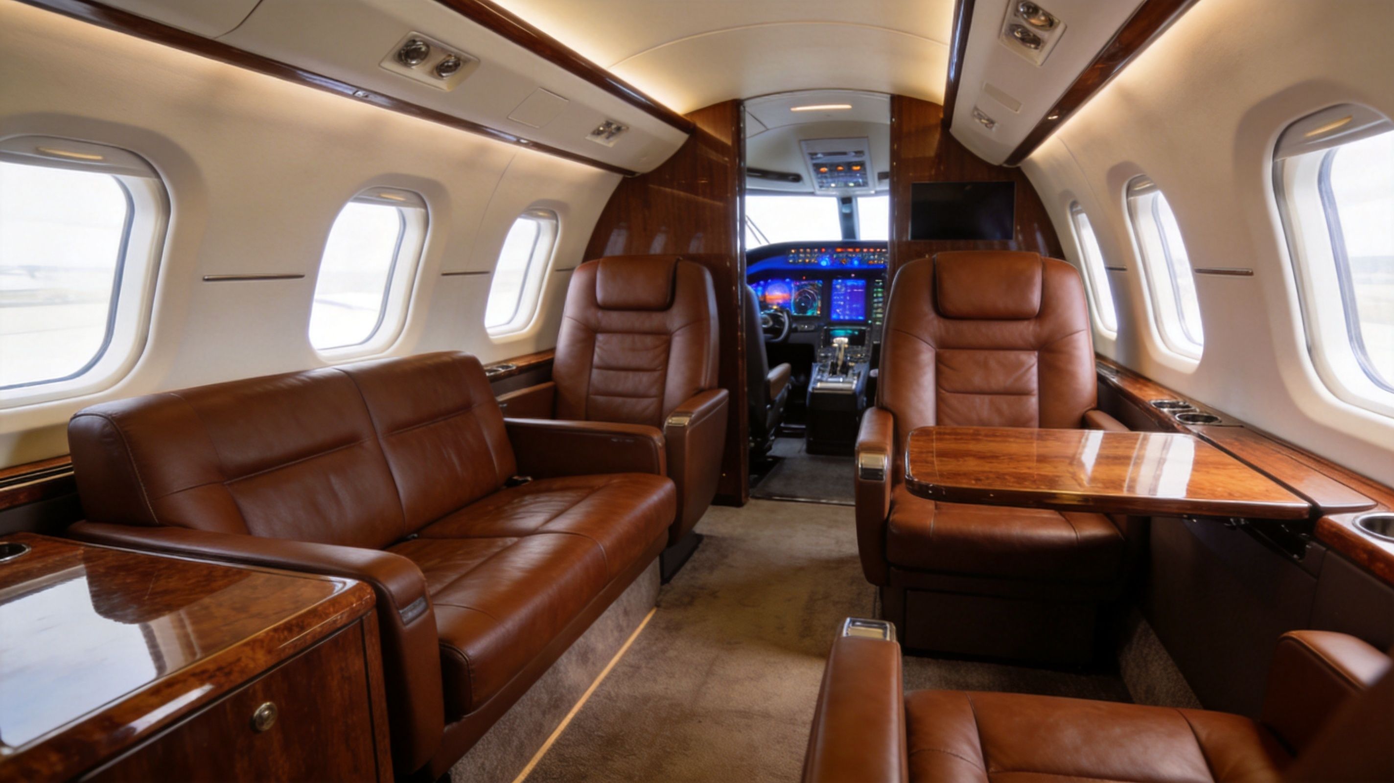 Luxurious leather seating area inside a private jet cabin showing seats and a view of the cockpit.